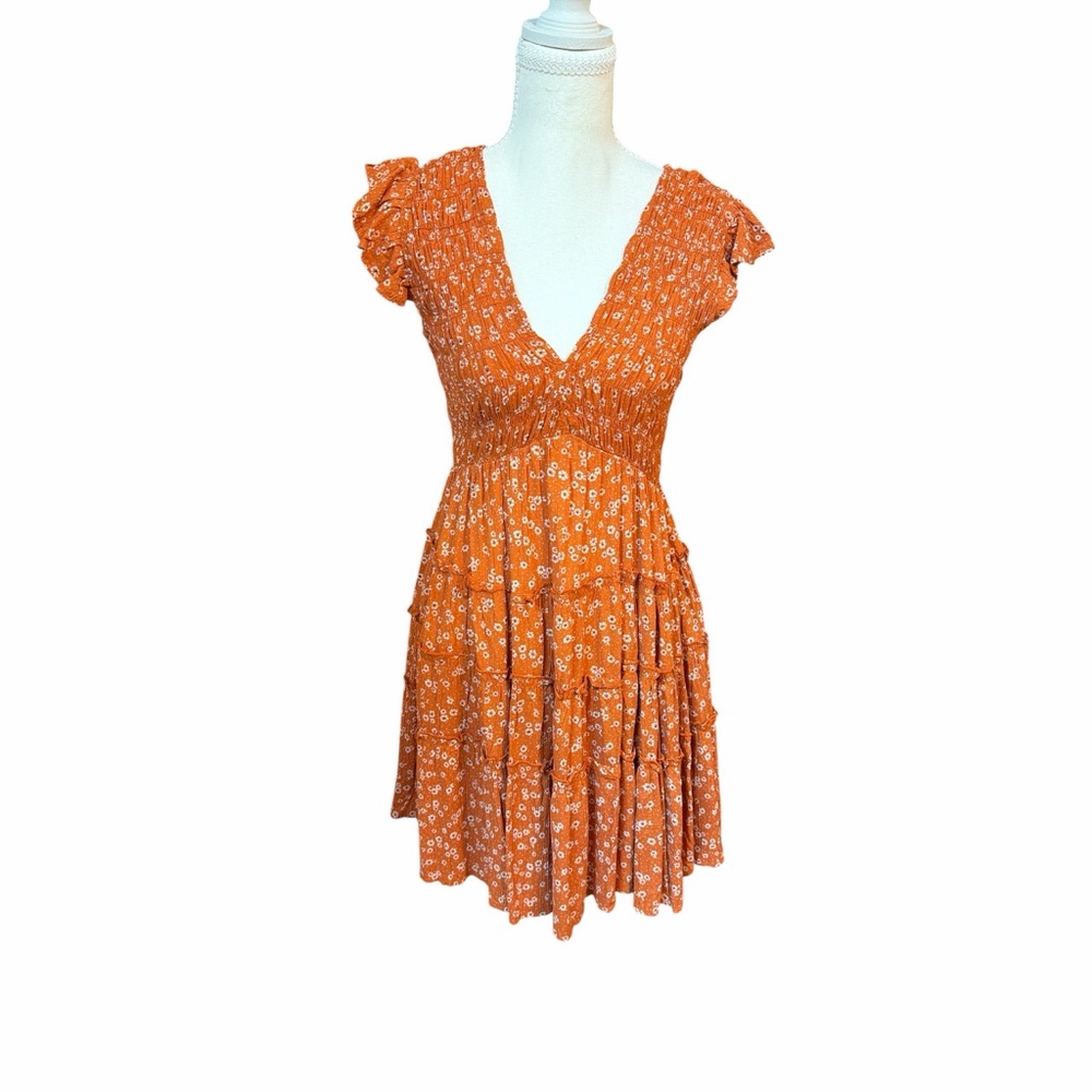 Angie Orange Floral Boho Tiered Mini Dress Size M Cottagecore